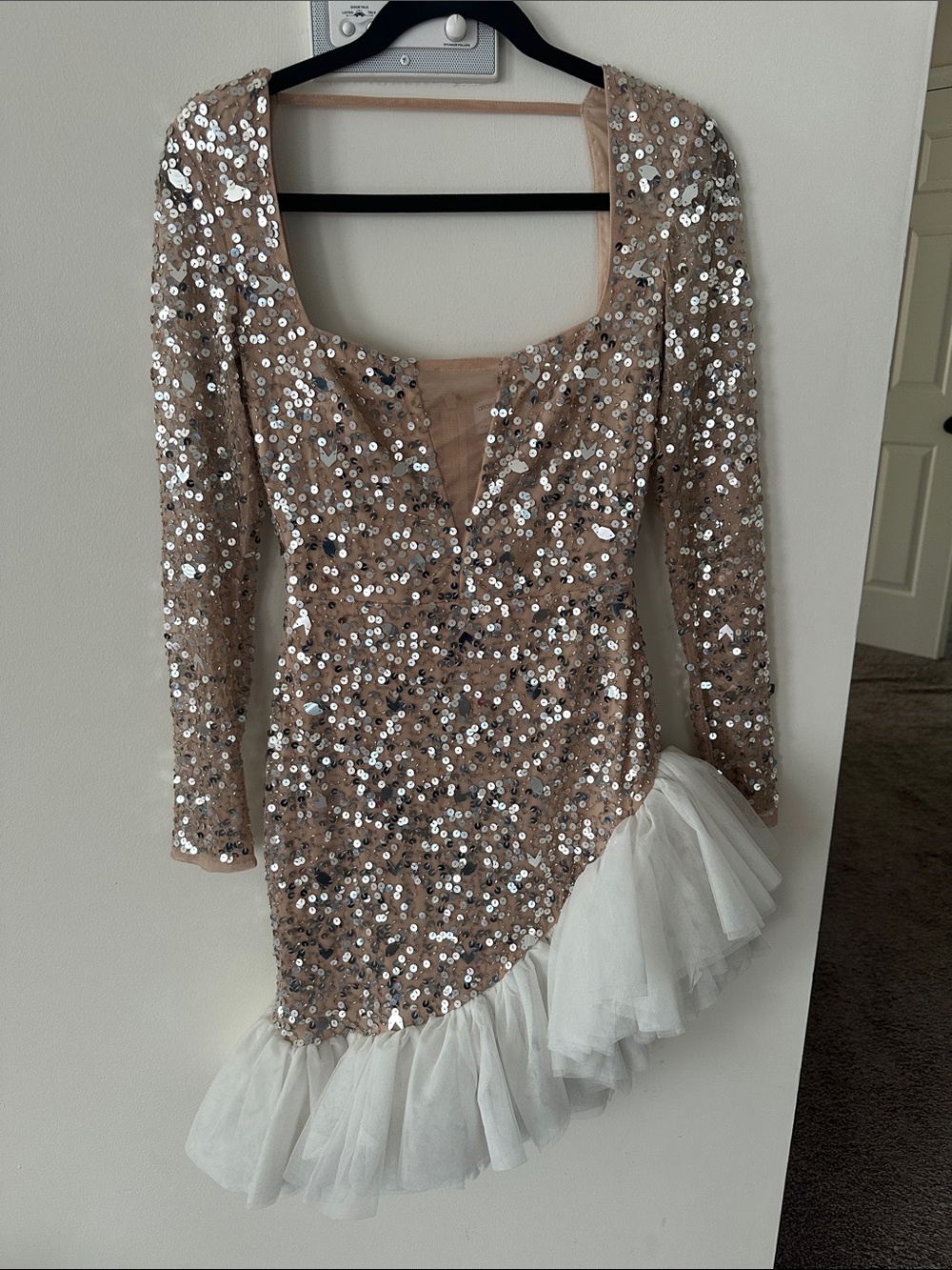 ASOS Nude Sequin Long-Sleeve Dress with White Tulle Hem
